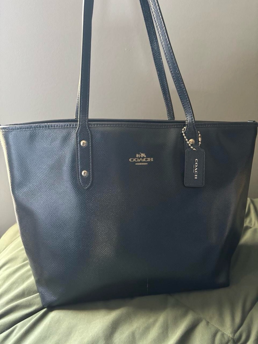 Coach Navy Pebbled Leather Tote with Logo Tag